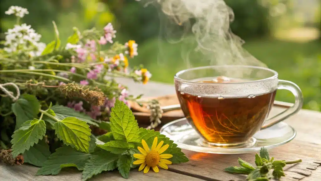 Une image d'une tasse de tisane laxative entourée de plantes médicinales, symbolisant son efficacité contre la constipation.